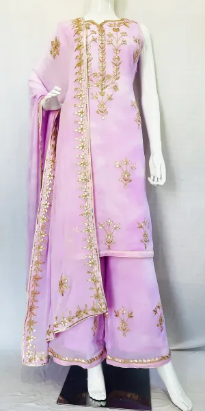 Purple Tie n Dye Pure Chinon Fabric with Traditional Gota Patti Hand Work Long Top Palazzo Pants with Dupatta
