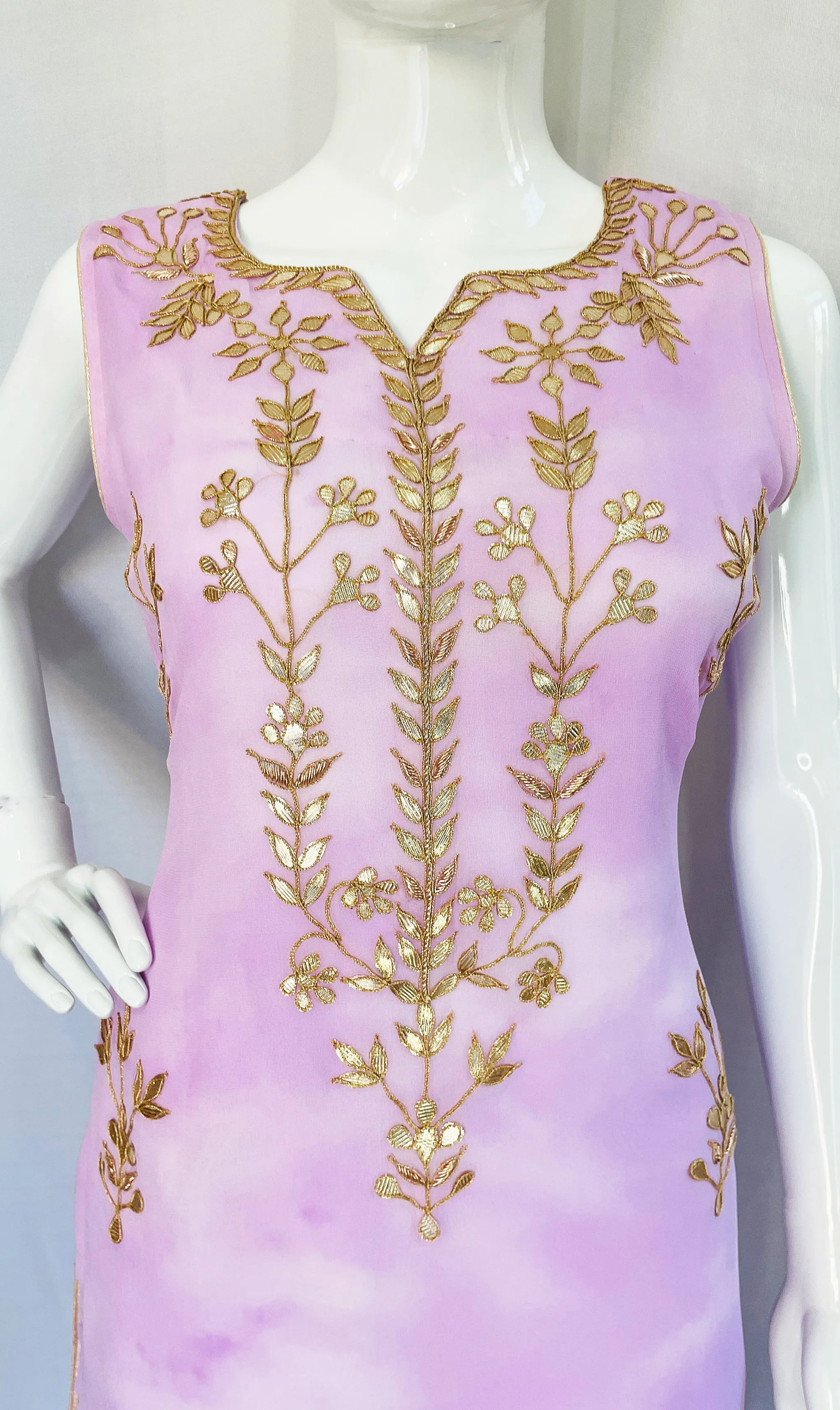 Purple Tie n Dye Pure Chinon Fabric with Traditional Gota Patti Hand Work Long Top Palazzo Pants with Dupatta