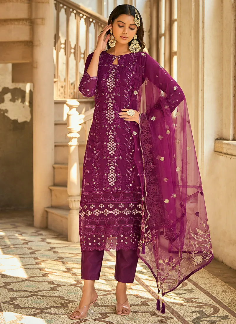 Rani Pink Sequence And Zari Embroidery Pant Style Suit