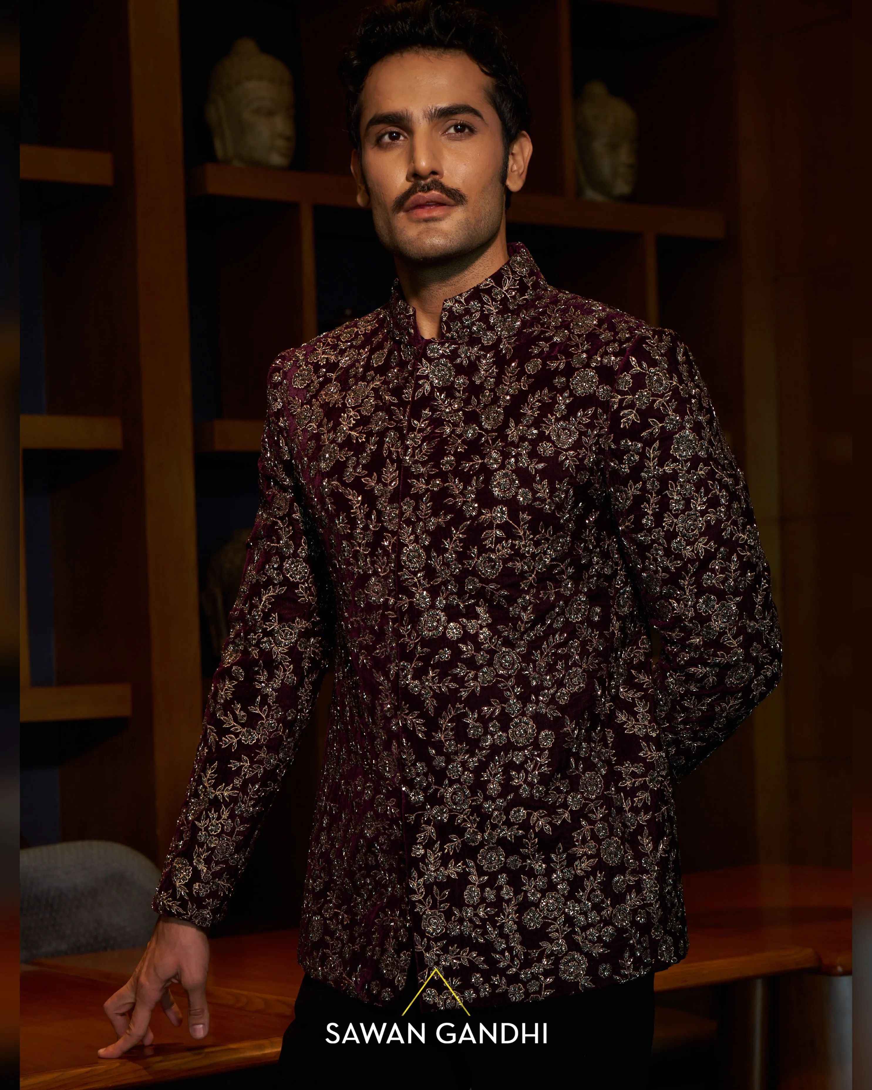 Rasin wine velvet gunmetal work Bandgala