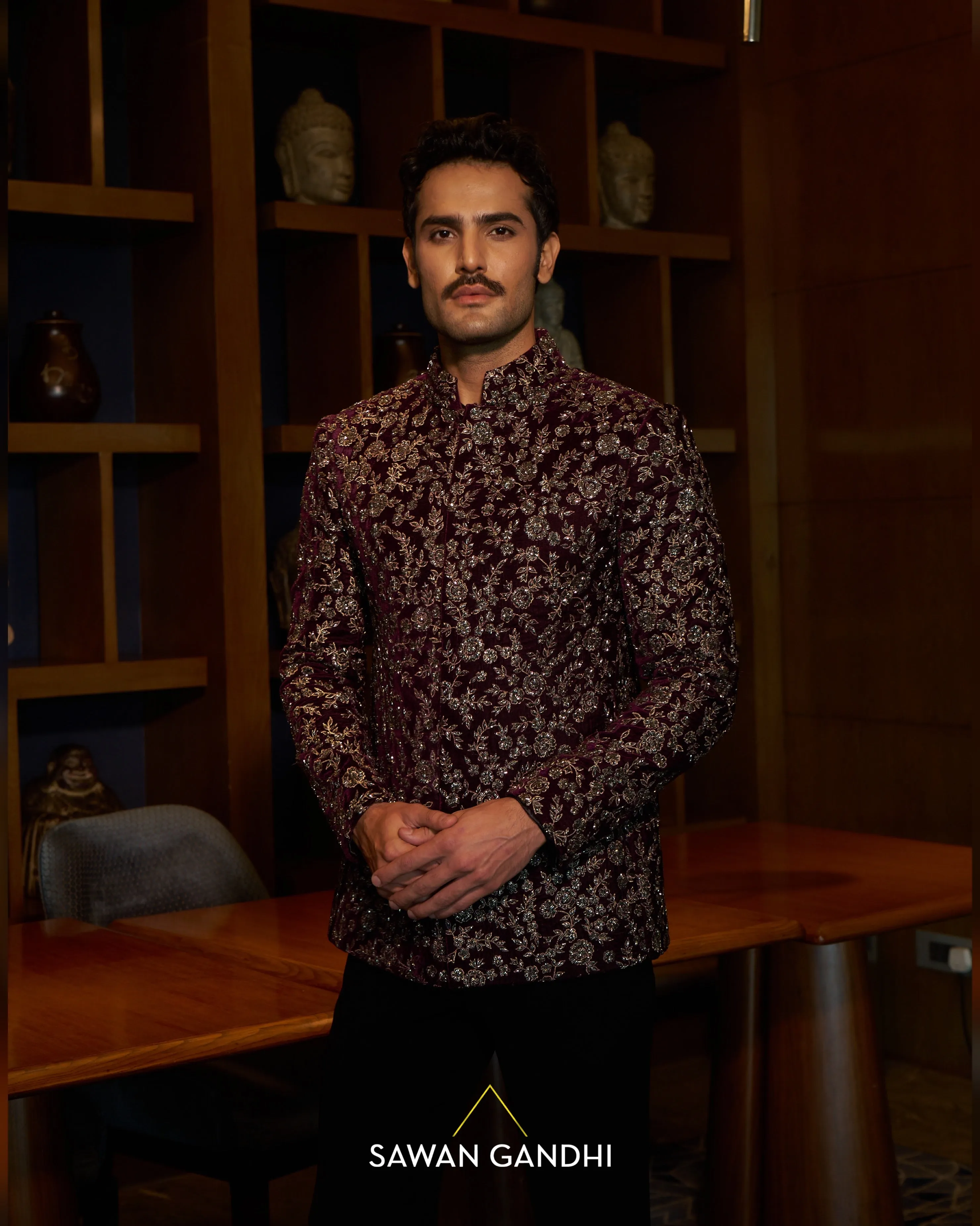 Rasin wine velvet gunmetal work Bandgala