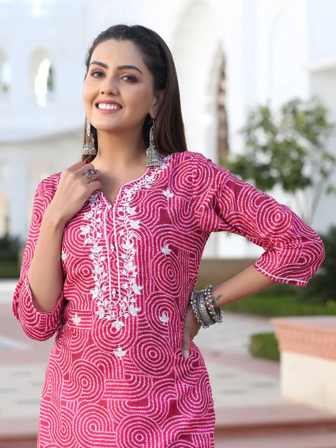 Red Mirror Work Embroidered Muslin Straight Kurta With White Cotton Straight Fit Tousers