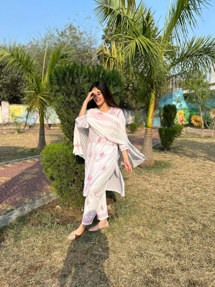 Sahiba White Lucknow Chikankari cotton Kurti With Pant and Dupatta