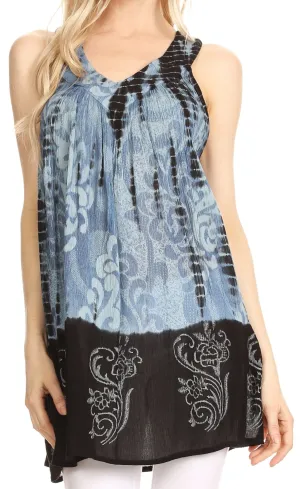 Sakkas Marie Sleeveless Crinkle V-neck Tank Top with Print