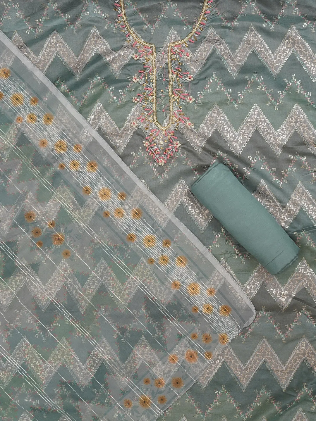 Sequin Embroidered Organza Multicolor Dress Material with Dupatta