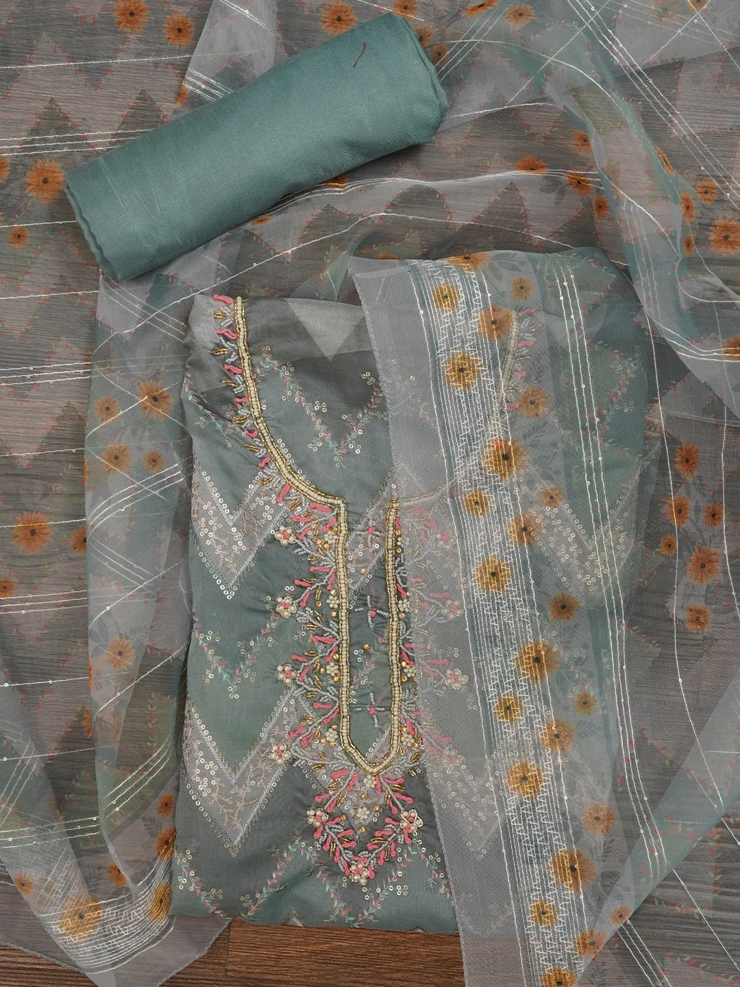 Sequin Embroidered Organza Multicolor Dress Material with Dupatta