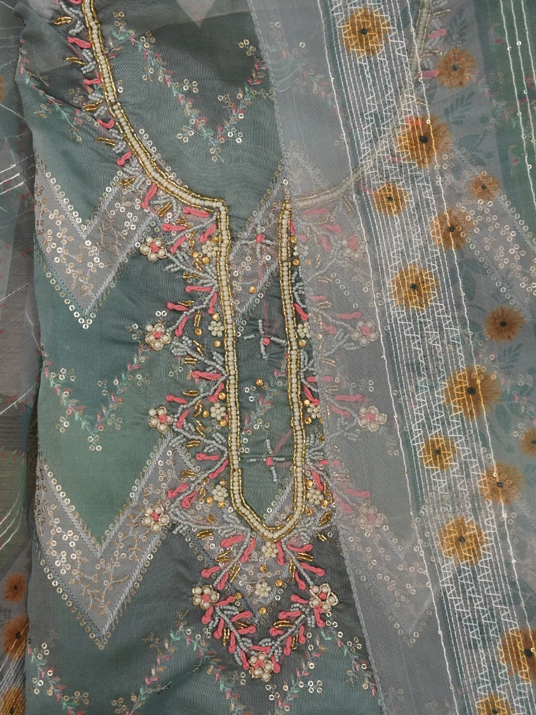 Sequin Embroidered Organza Multicolor Dress Material with Dupatta