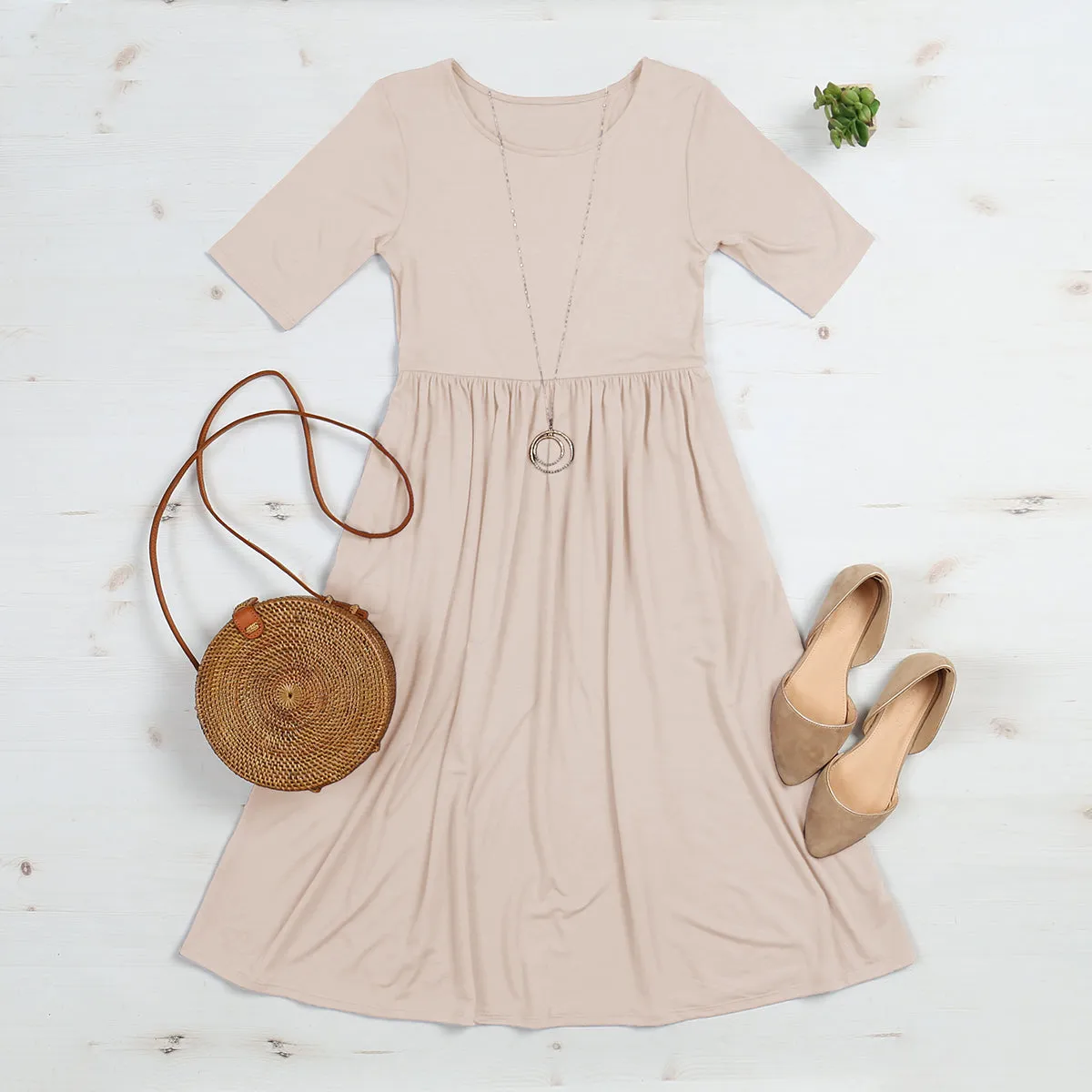 Short Sleeved Empire Waist Pocket Dress
