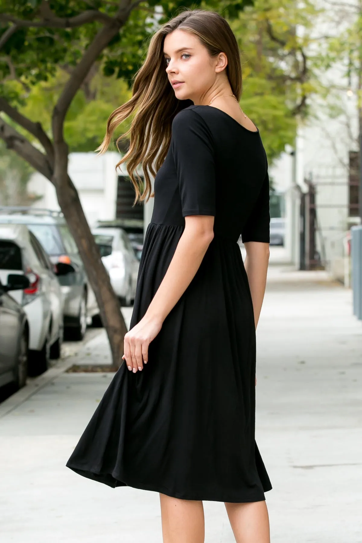 Short Sleeved Empire Waist Pocket Dress