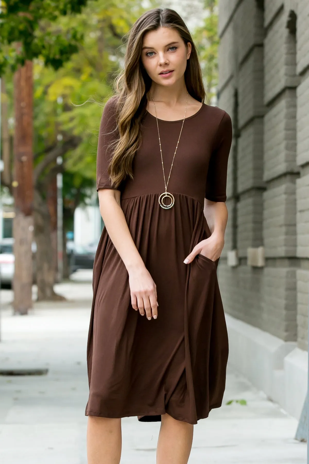 Short Sleeved Empire Waist Pocket Dress