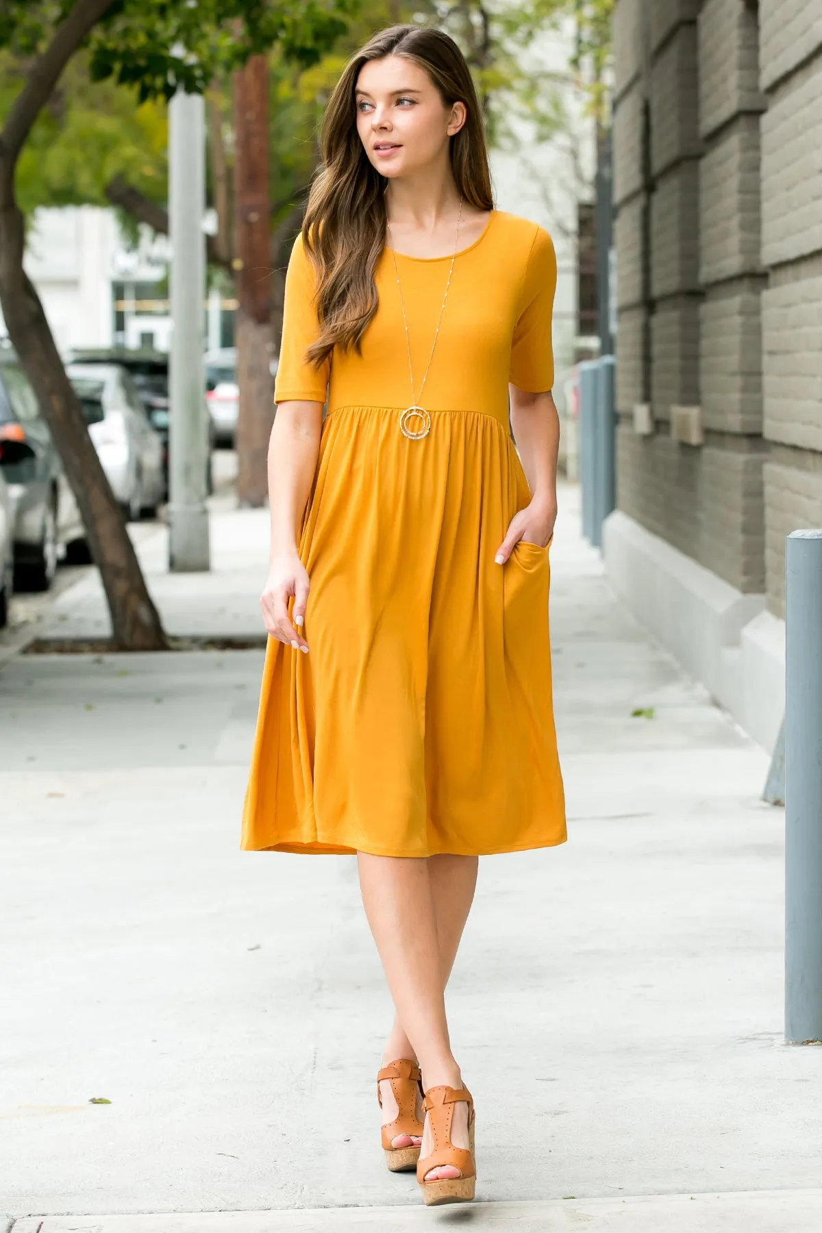 Short Sleeved Empire Waist Pocket Dress