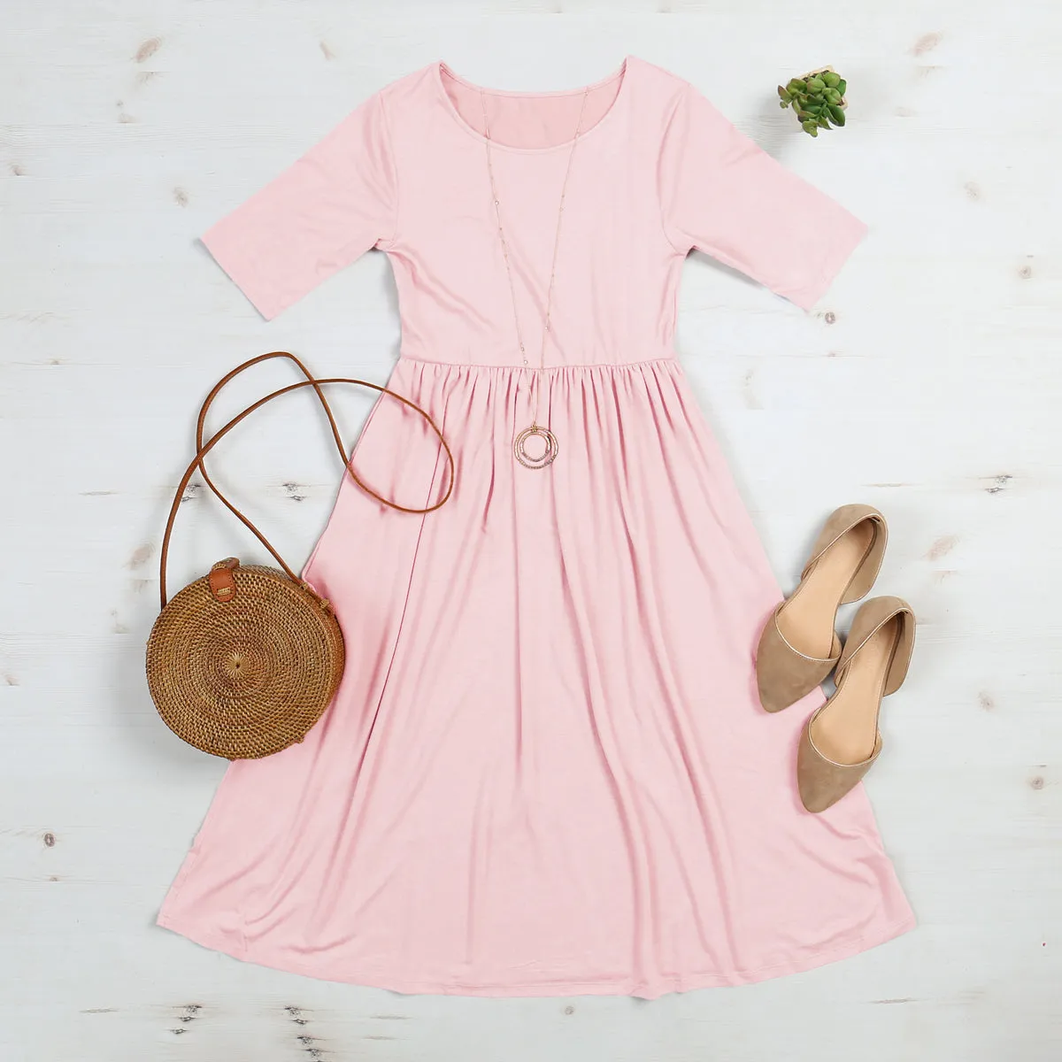 Short Sleeved Empire Waist Pocket Dress