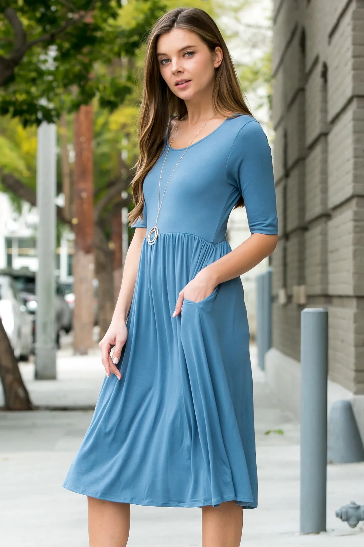 Short Sleeved Empire Waist Pocket Dress