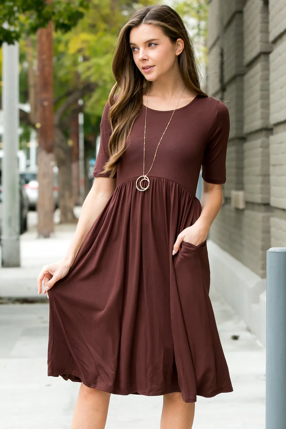 Short Sleeved Empire Waist Pocket Dress