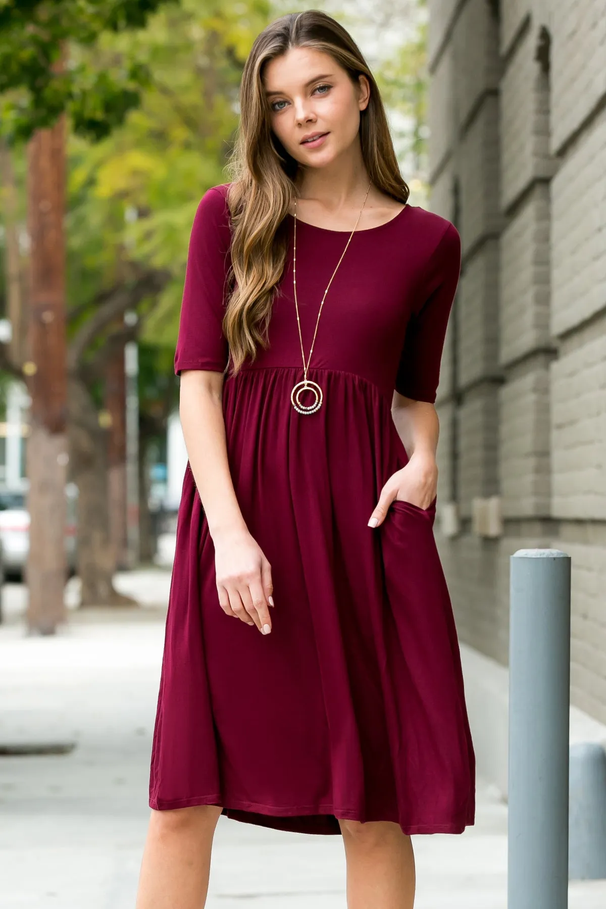 Short Sleeved Empire Waist Pocket Dress