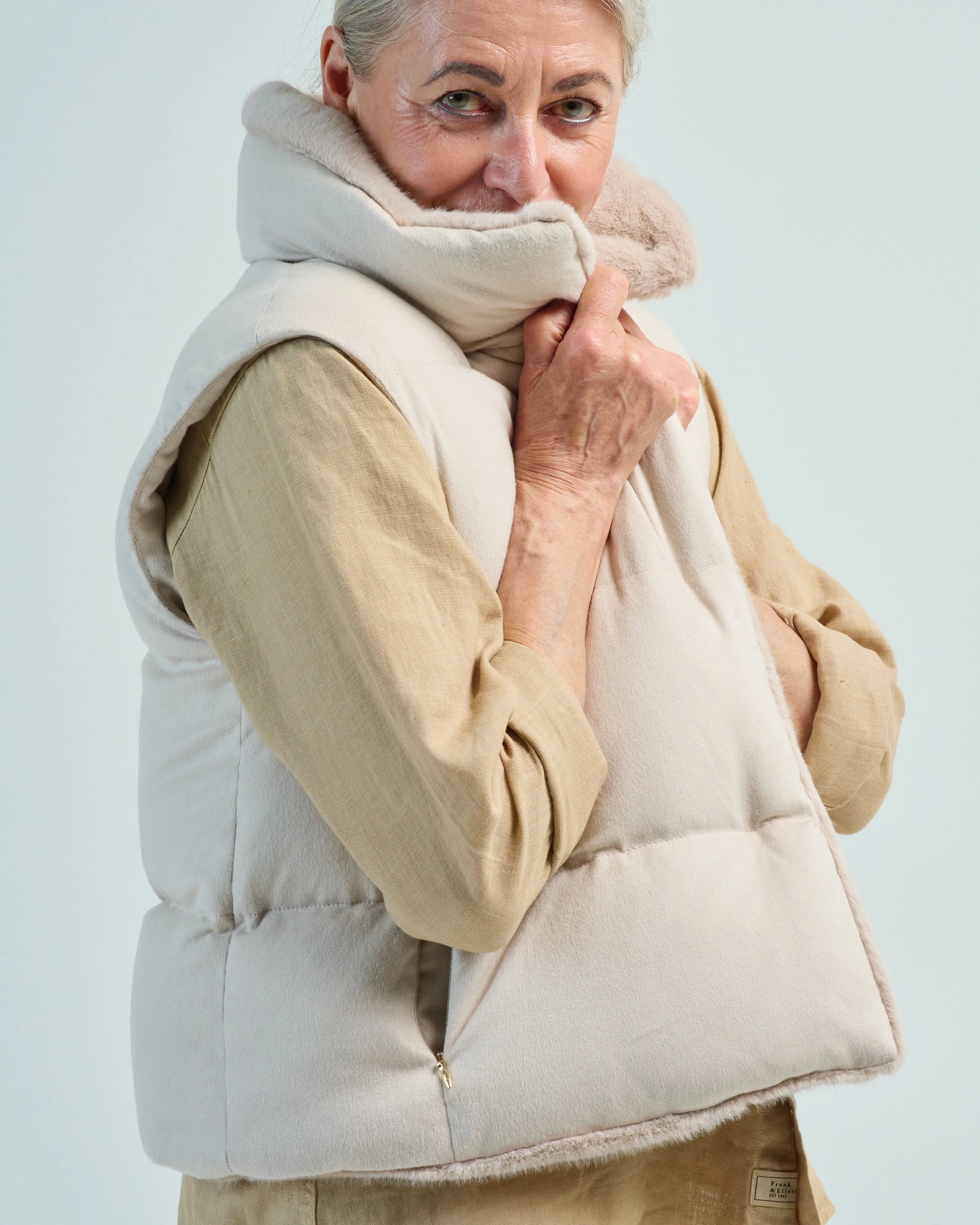silk/cashmere quilted vest w/ faux fur