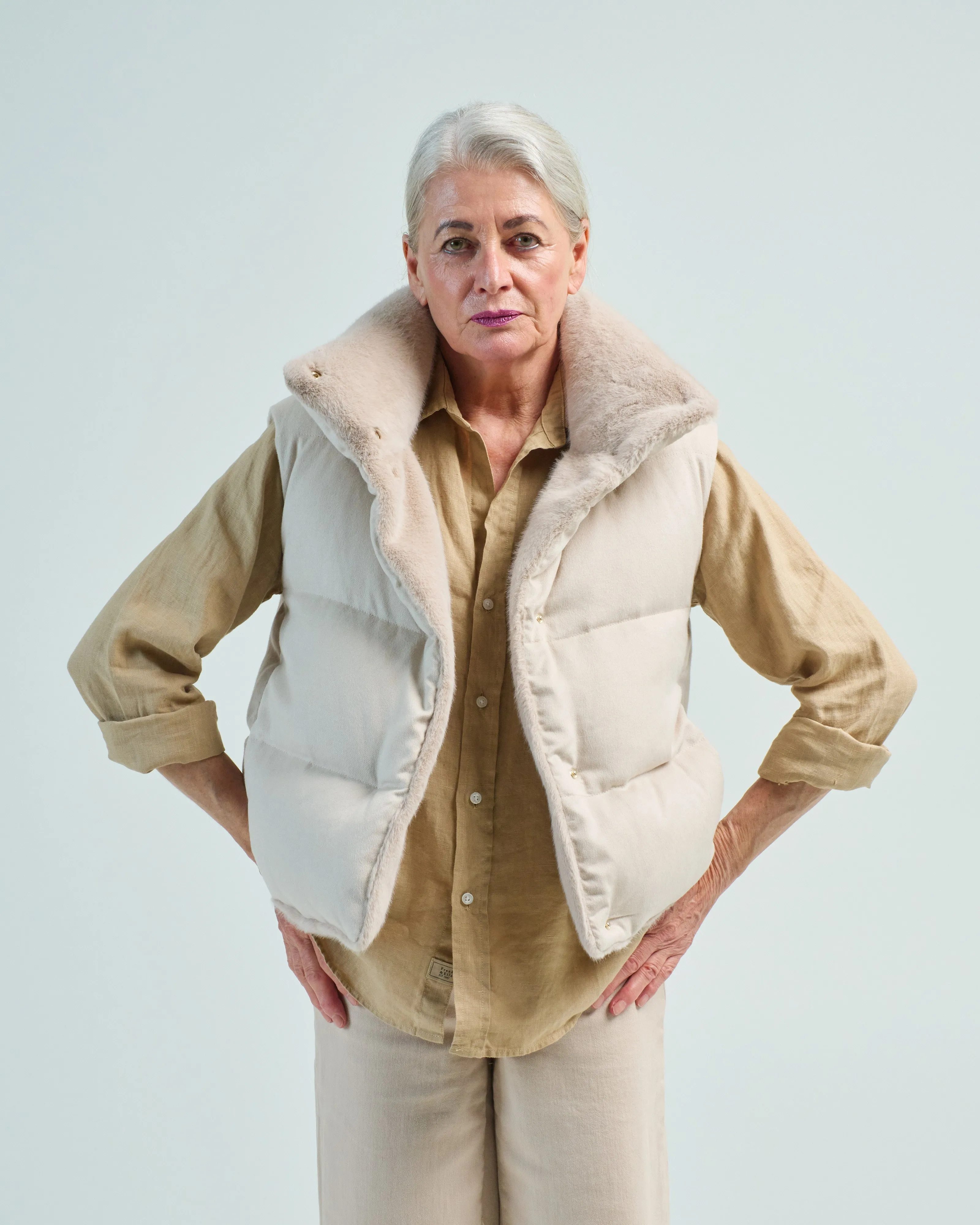 silk/cashmere quilted vest w/ faux fur