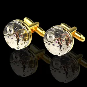 Silver & Gold Mens Stainless Steel Functioning Movement Cufflinks for Shirt with Box - Hand Crafted Perfect Gift