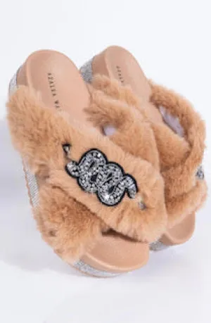 Sneaky Snake Platform Faux Fur Slides with Rhinestone Sole