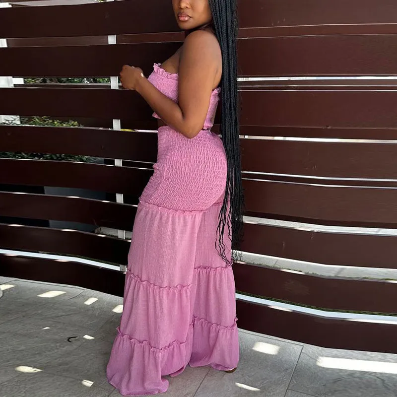 Solid Smocked Bandeu Top & Wide Leg Pants Set
