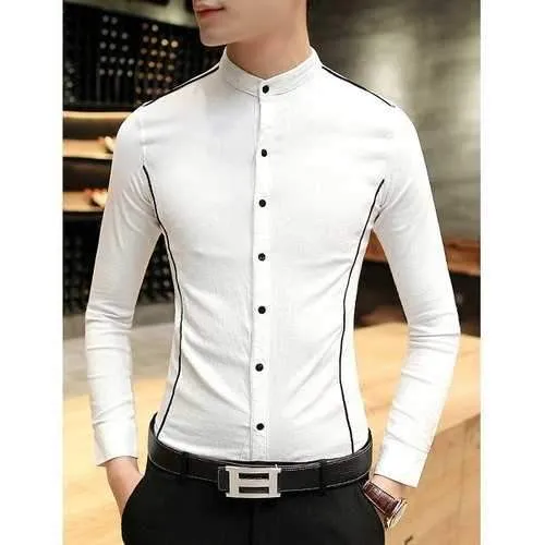 Special Stand Collar Black Stripes Spliced Slimming Long Sleeves Shirt For Men - White L