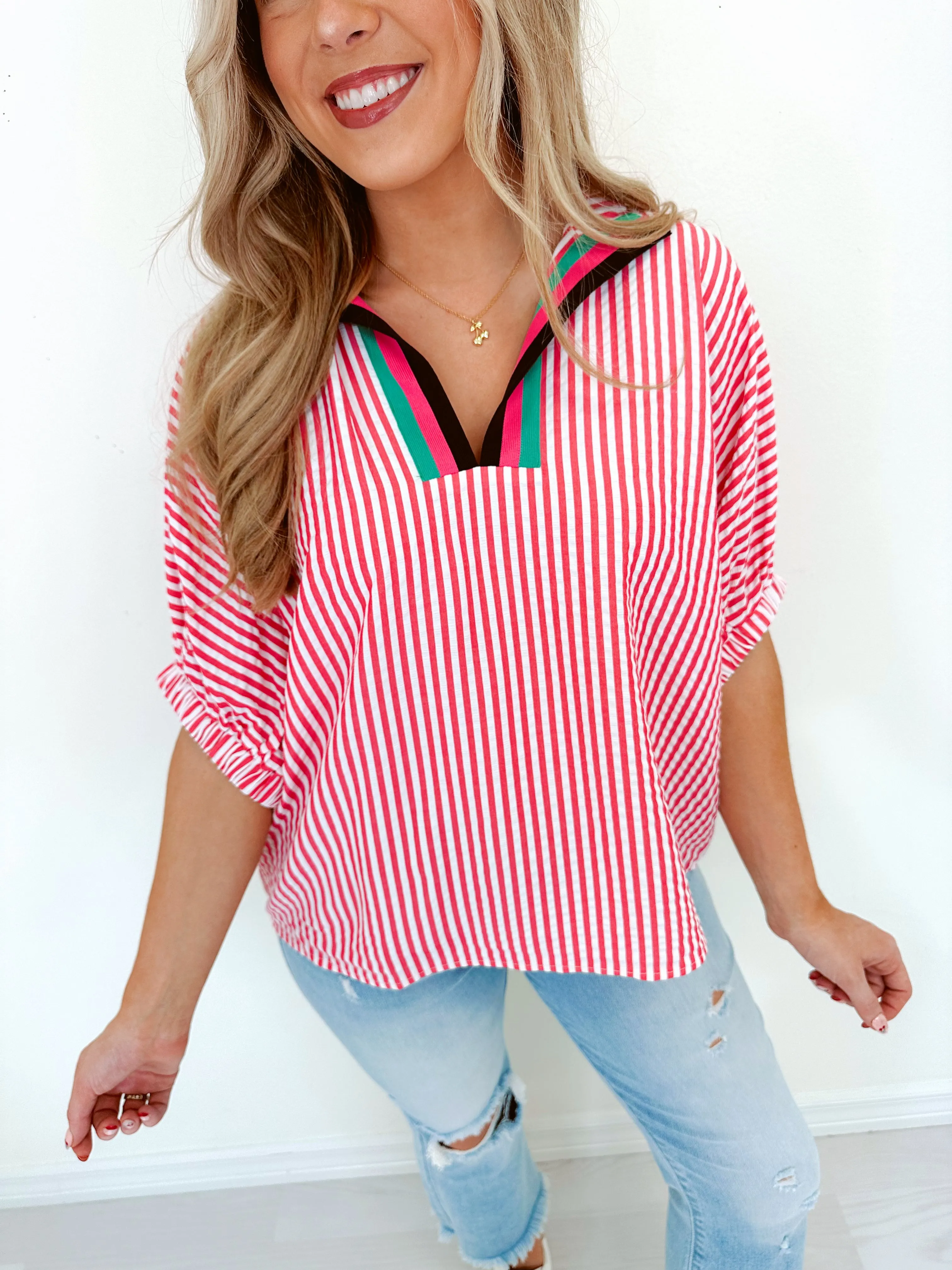 Springtime Stripes Henley Top - Pink