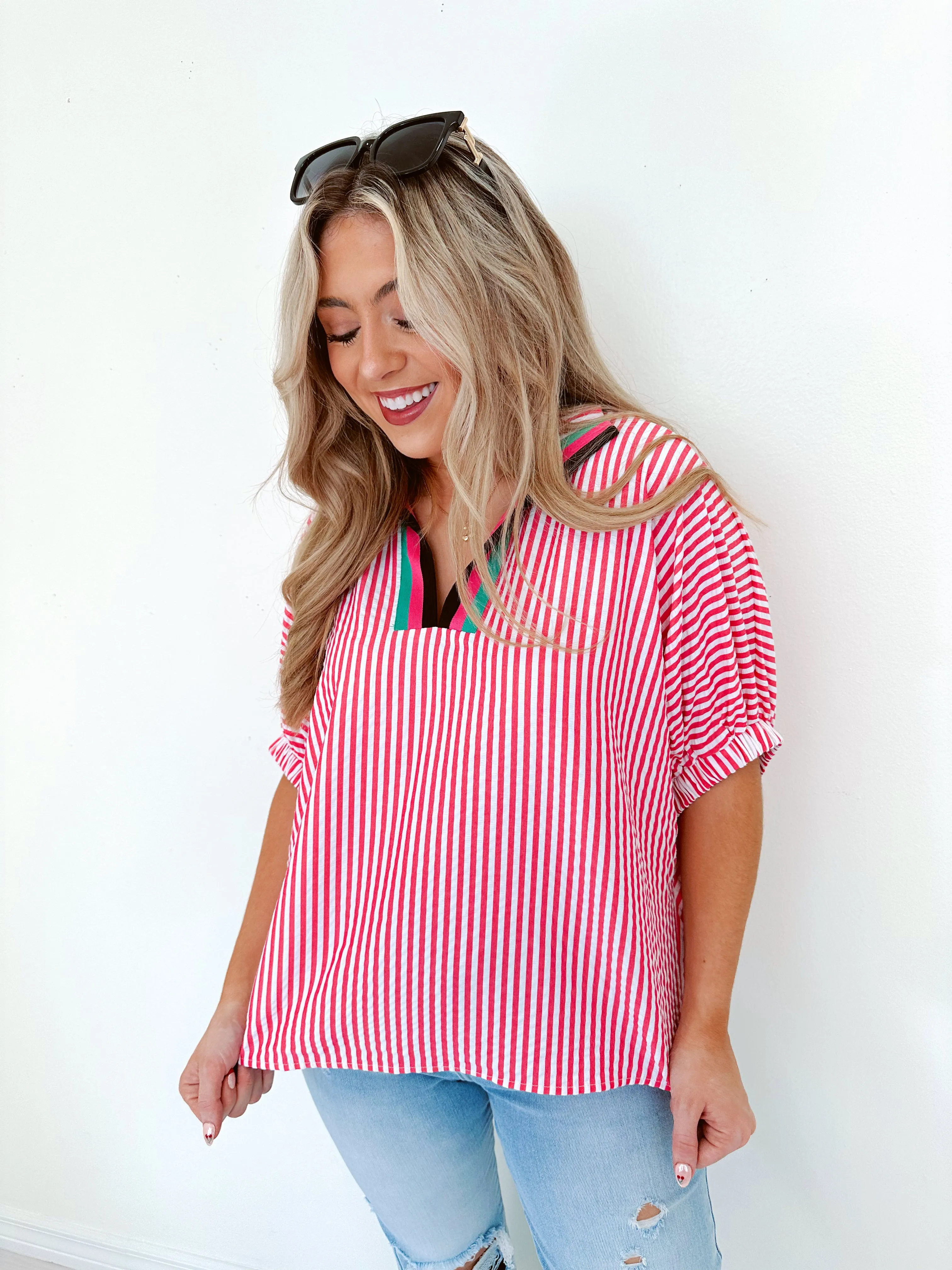 Springtime Stripes Henley Top - Pink