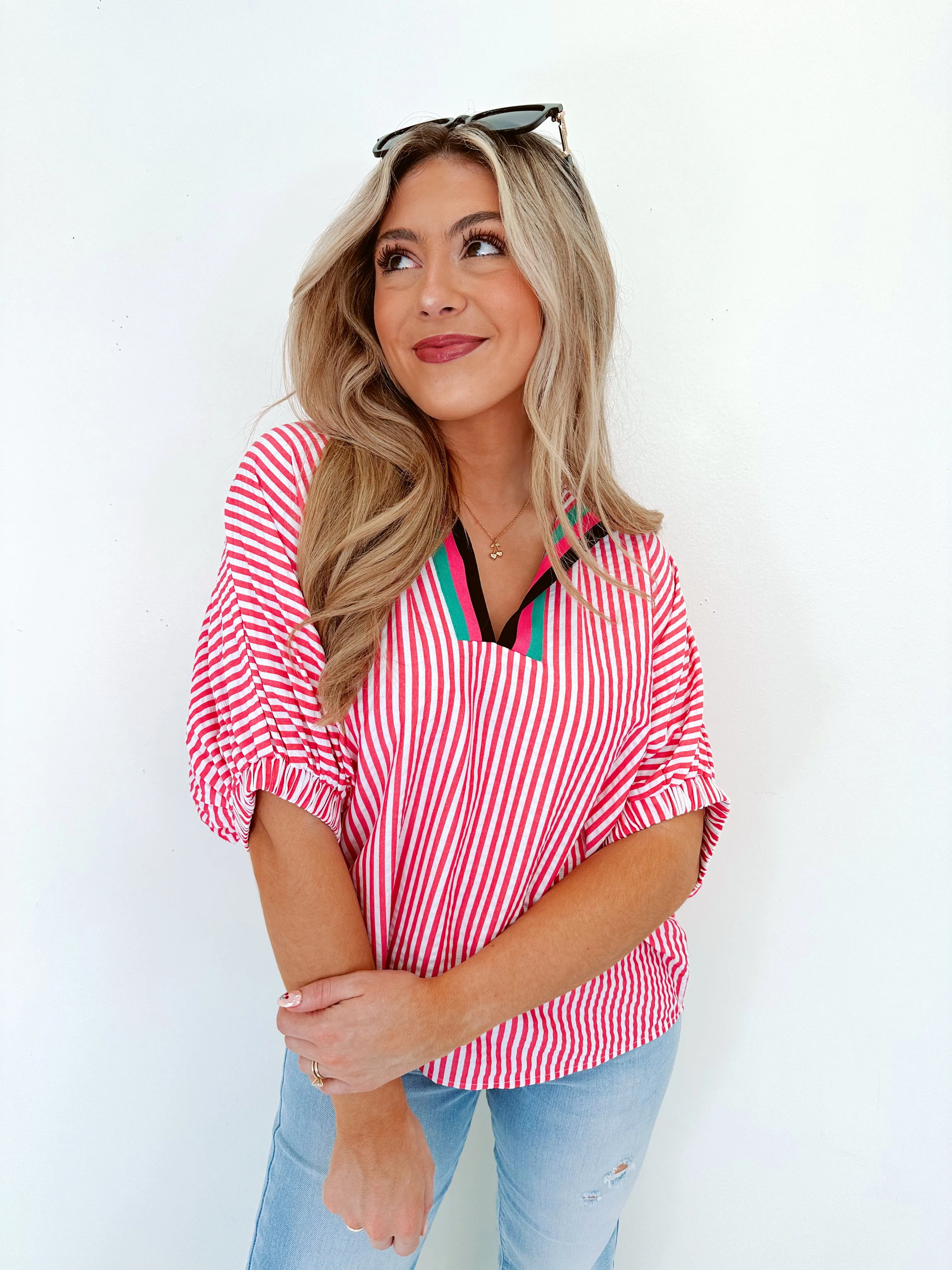 Springtime Stripes Henley Top - Pink