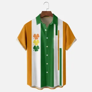 St. Patrick's Day Shamrock Chest Pocket Casual Bowling Shirt