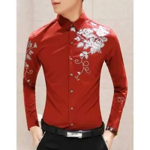 Stylish Shirt Collar 3D Flowers Pattern Slimming Long Sleeve Polyester Shirt For Men - Wine Red M