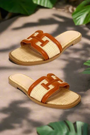 Tan Raffia Square Toe Sandals