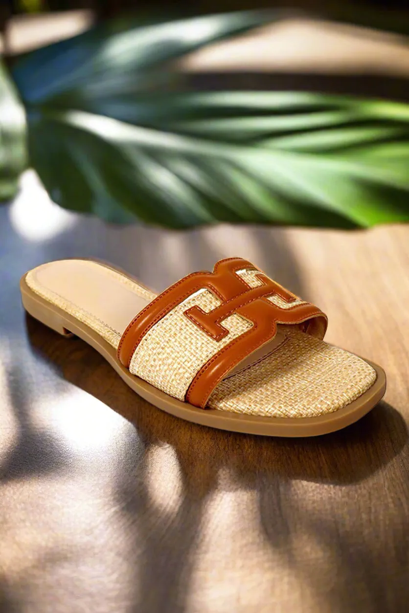 Tan Raffia Square Toe Sandals