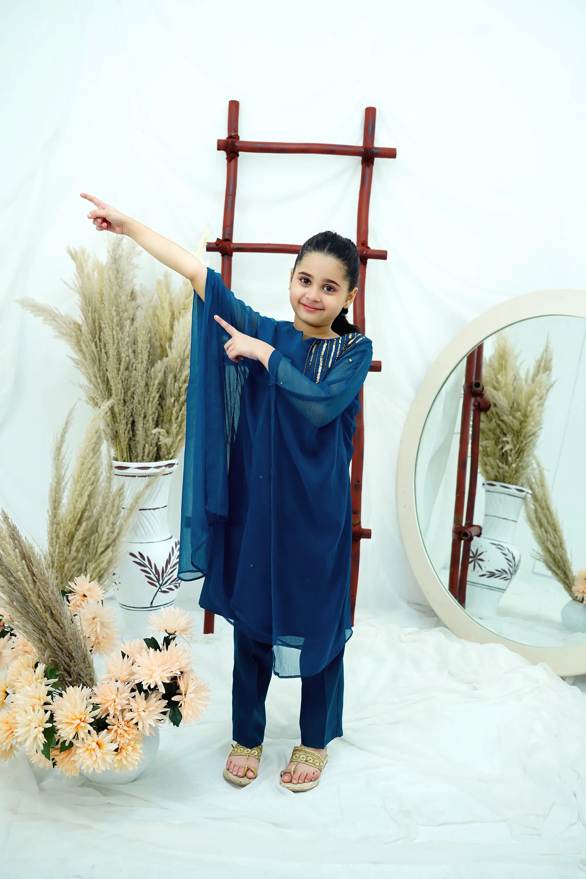 Teal blue Embroidered Chiffon