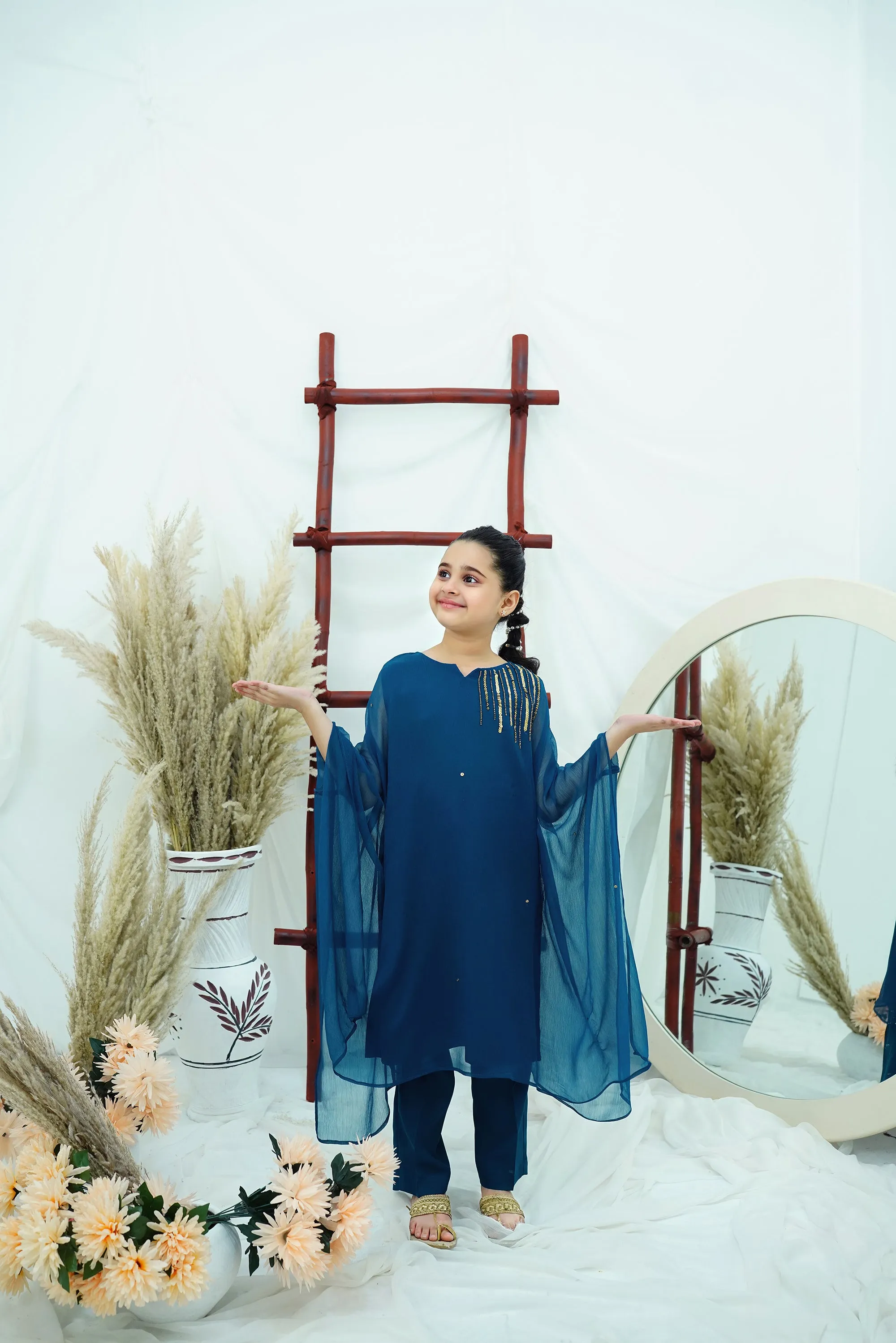 Teal blue Embroidered Chiffon