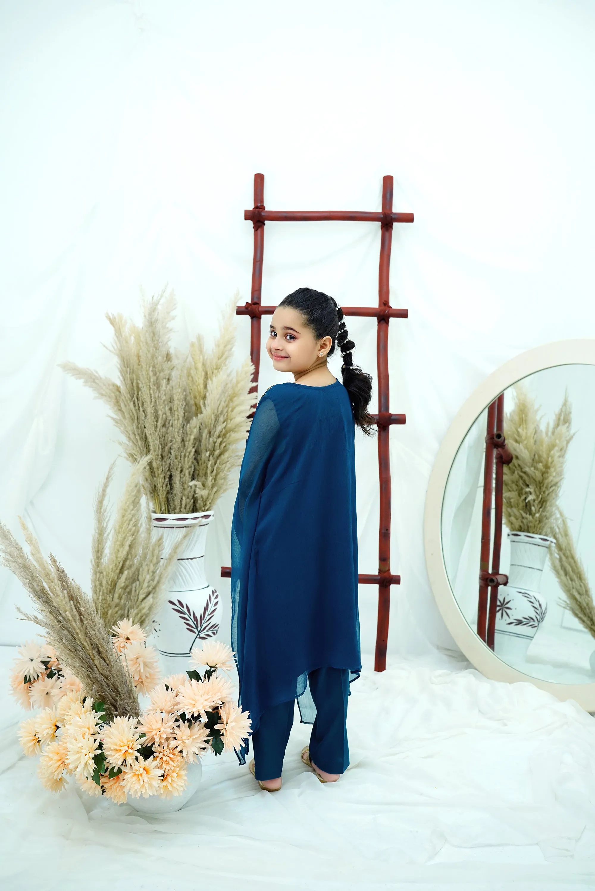 Teal blue Embroidered Chiffon