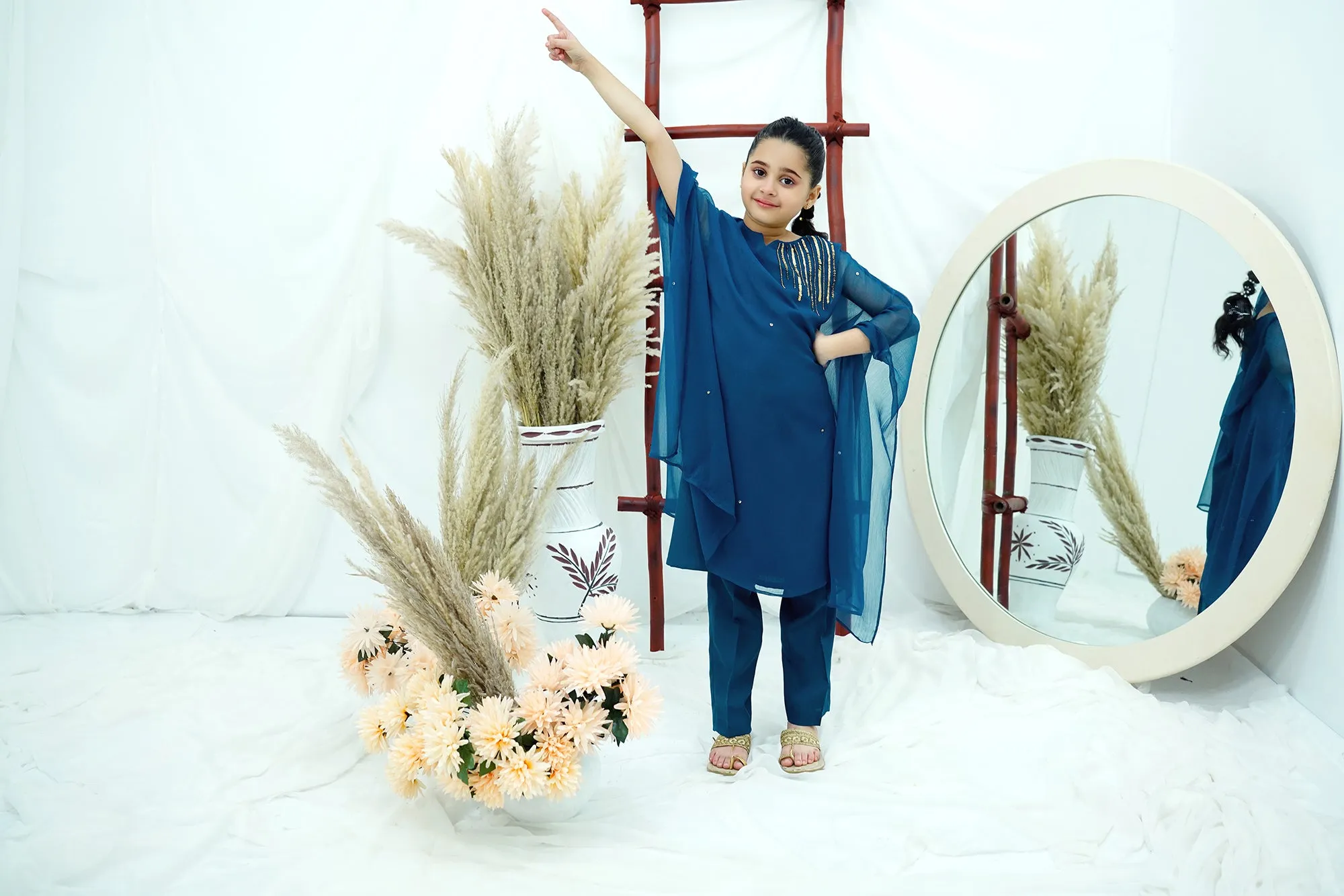 Teal blue Embroidered Chiffon