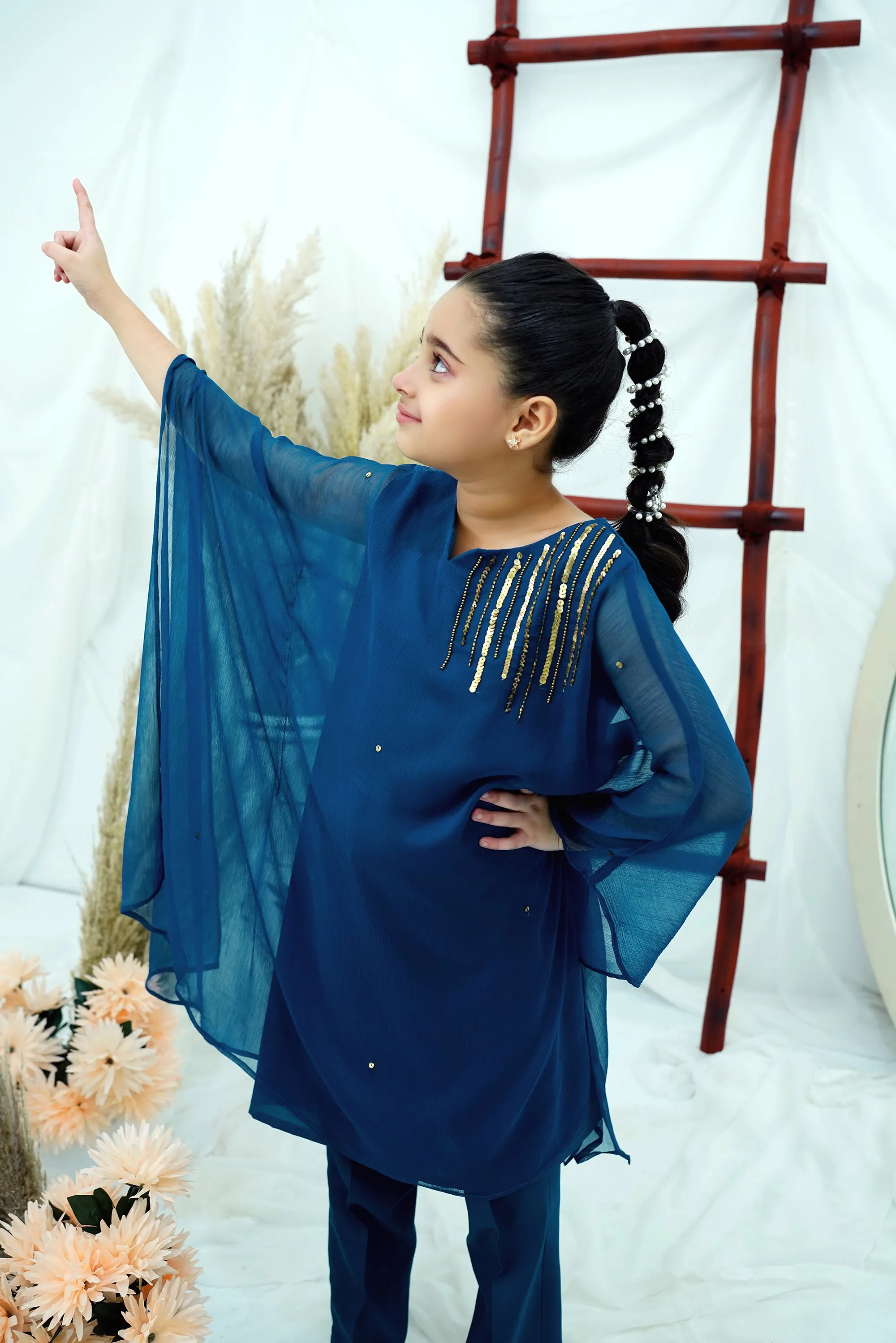 Teal blue Embroidered Chiffon