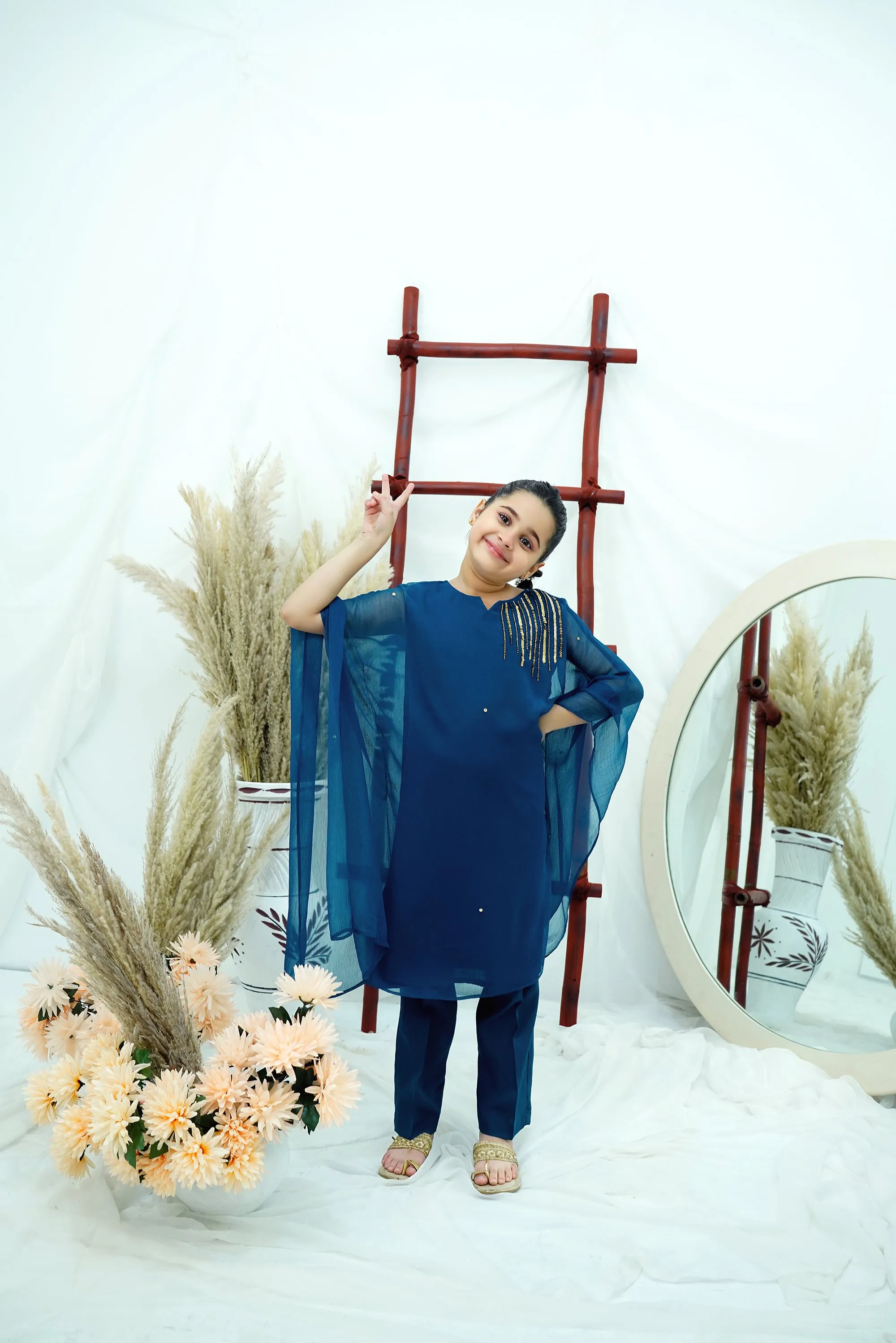 Teal blue Embroidered Chiffon