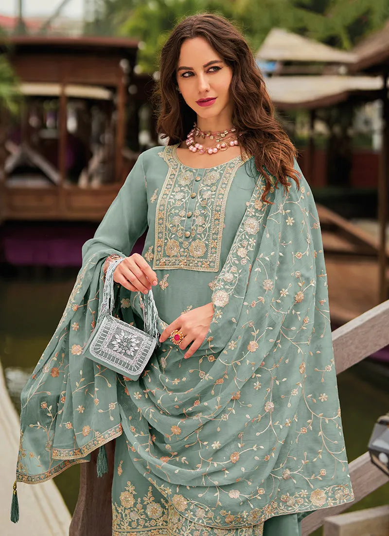 Teal Blue Embroidery Festival Salwar Kameez Suit