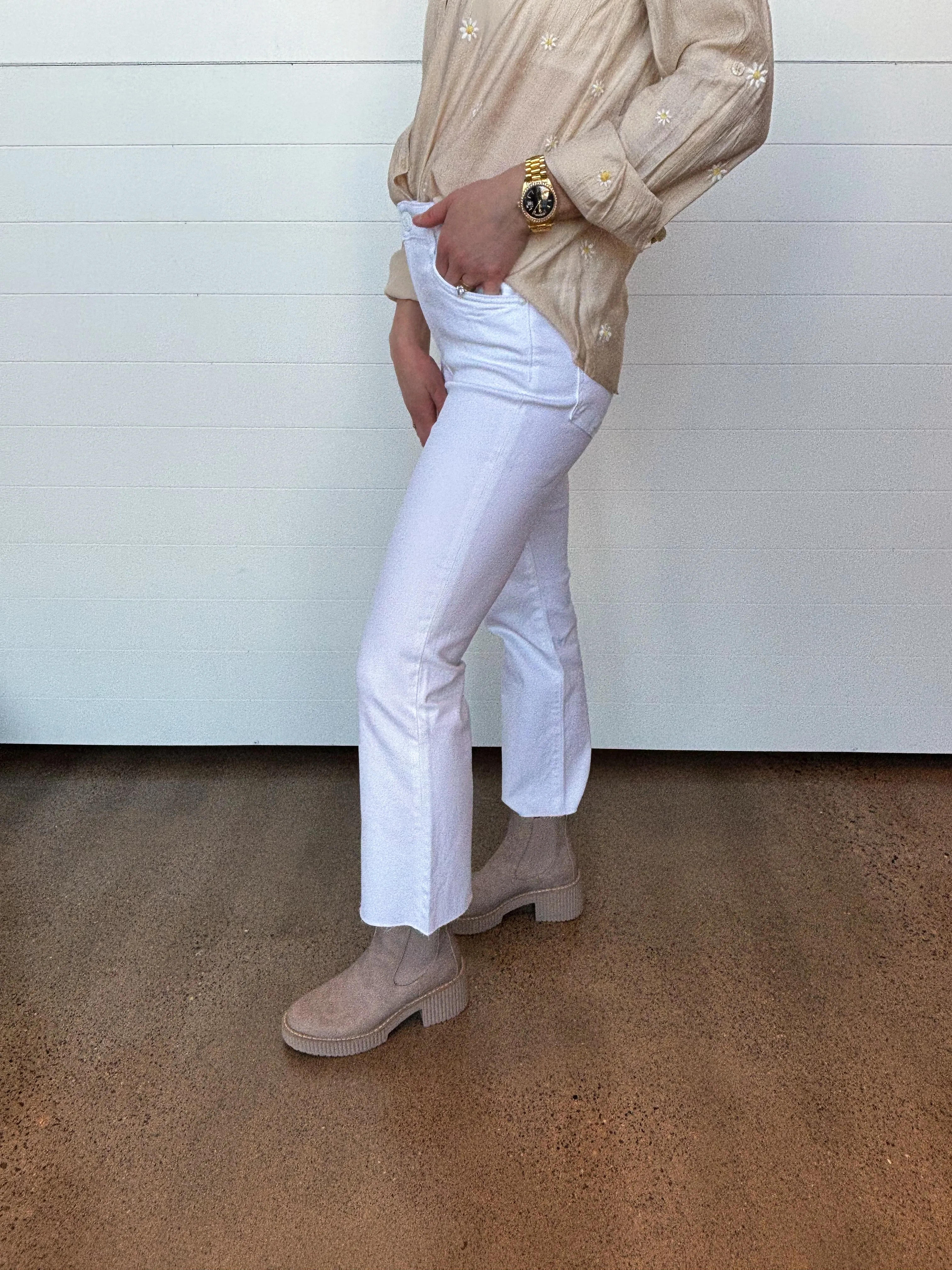 The Kelsey High Rise Raw Hem Ankle Flare - Optic White