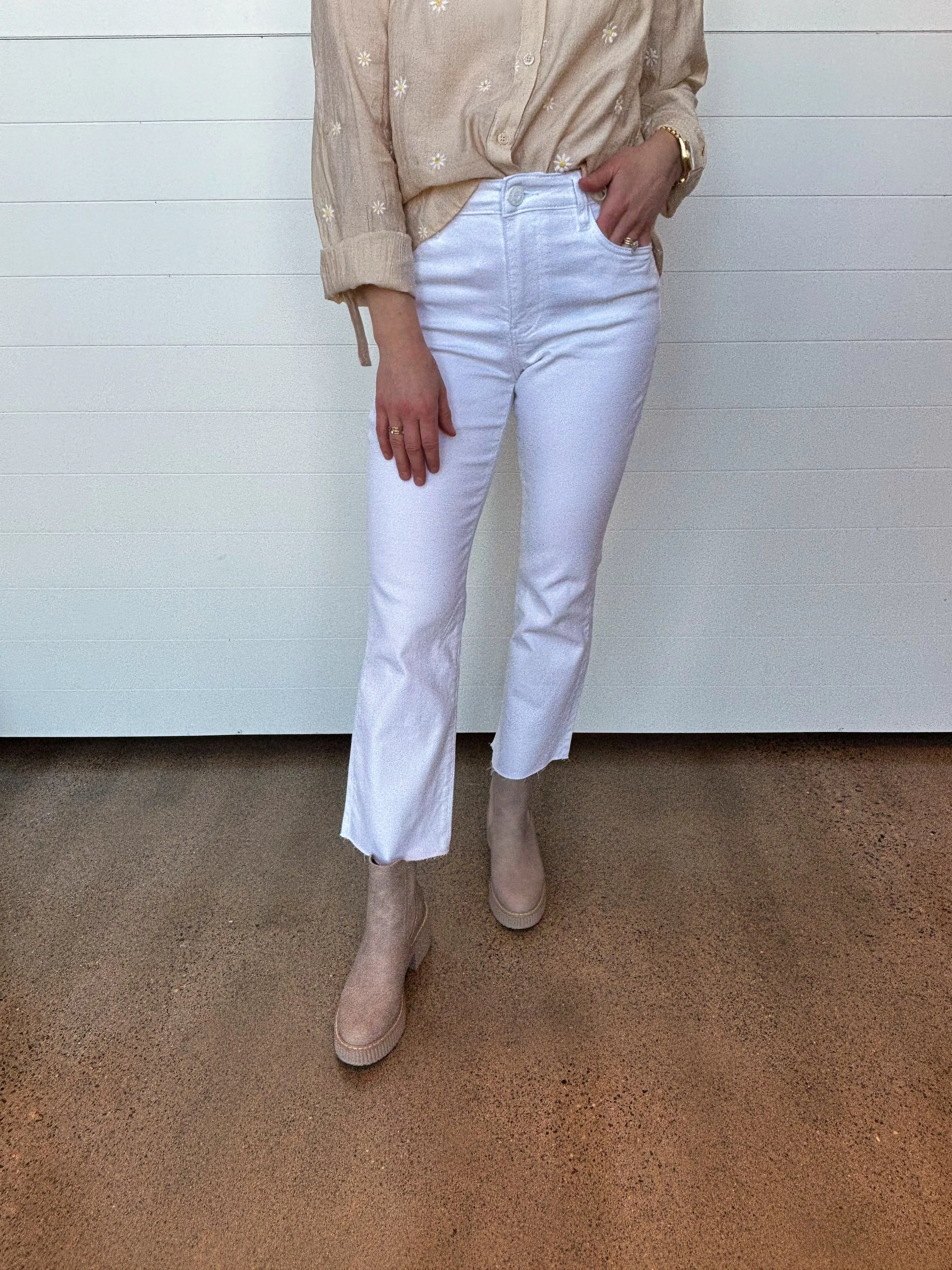 The Kelsey High Rise Raw Hem Ankle Flare - Optic White