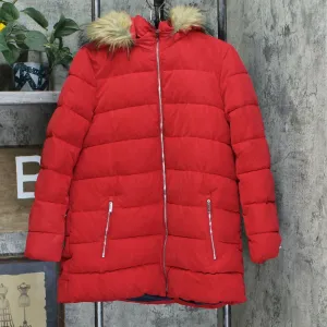 Tommy Hilfiger Women's Faux Fur Trim Hooded Puffer Coat Red Small