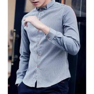 Trendy Turn-down Collar Stripes Spliced Color Block Slim Fit Long Sleeves Men's Button-Down Shirt - Gray M