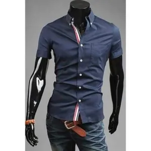 Turn-Down Collar Stripe Edging Short Sleeve Button-Down Men's Shirt - Cadetblue Xl