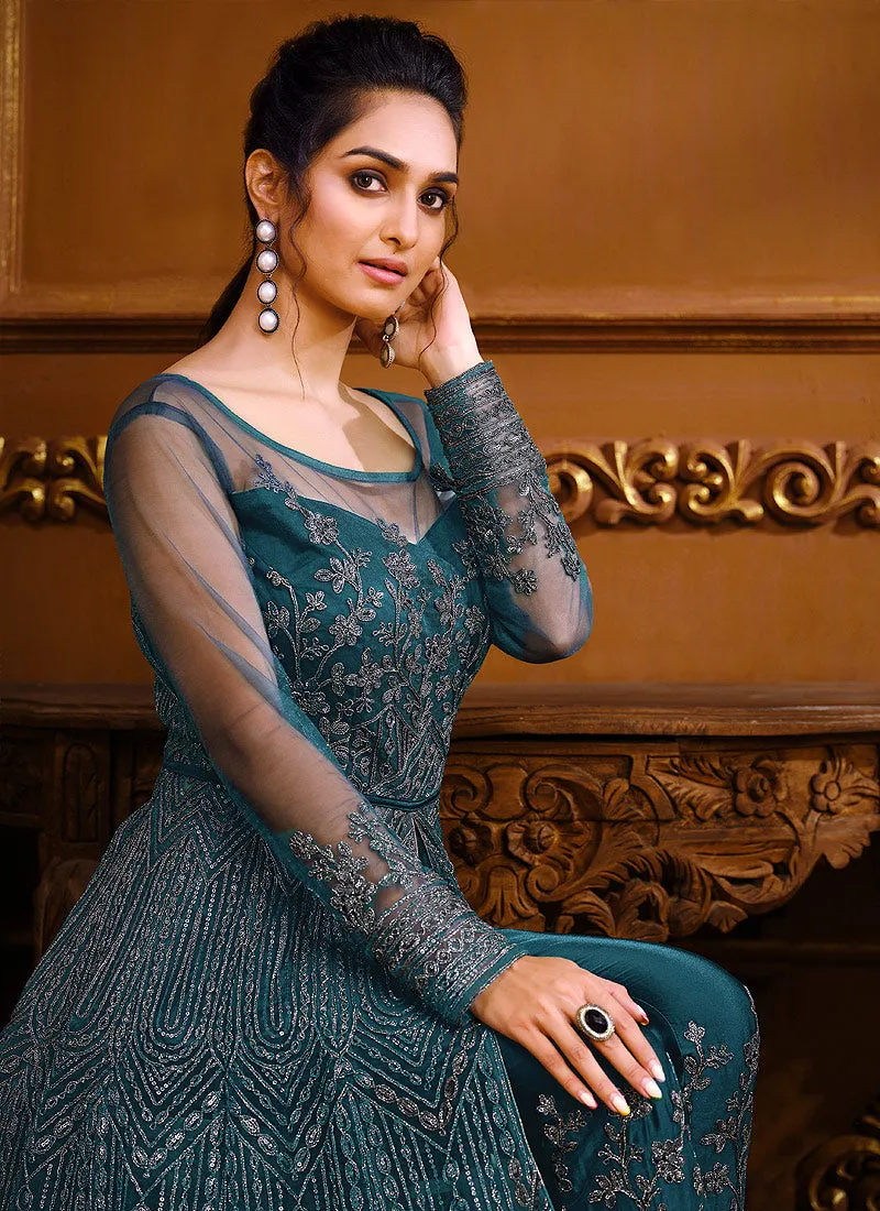 Turquoise Blue Zari Embroidered Slit Style Anarkali Pant Suit