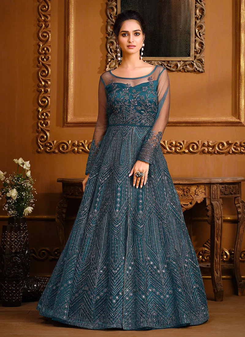 Turquoise Blue Zari Embroidered Slit Style Anarkali Pant Suit