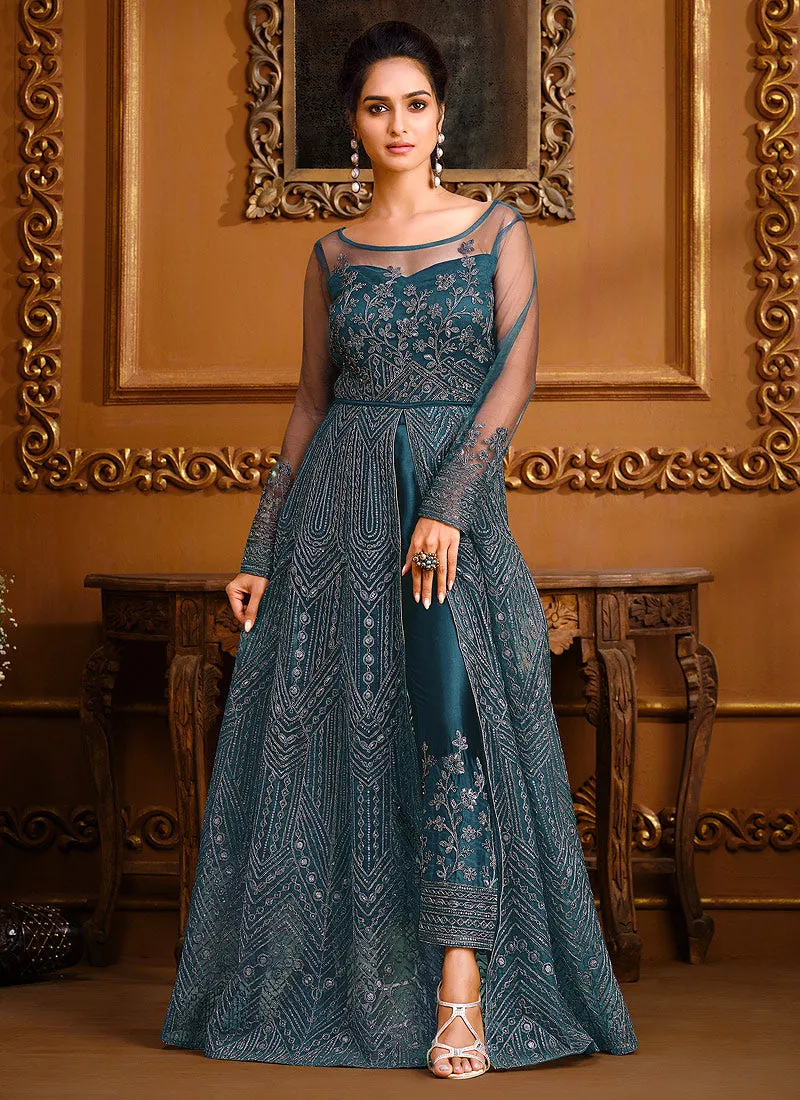 Turquoise Blue Zari Embroidered Slit Style Anarkali Pant Suit
