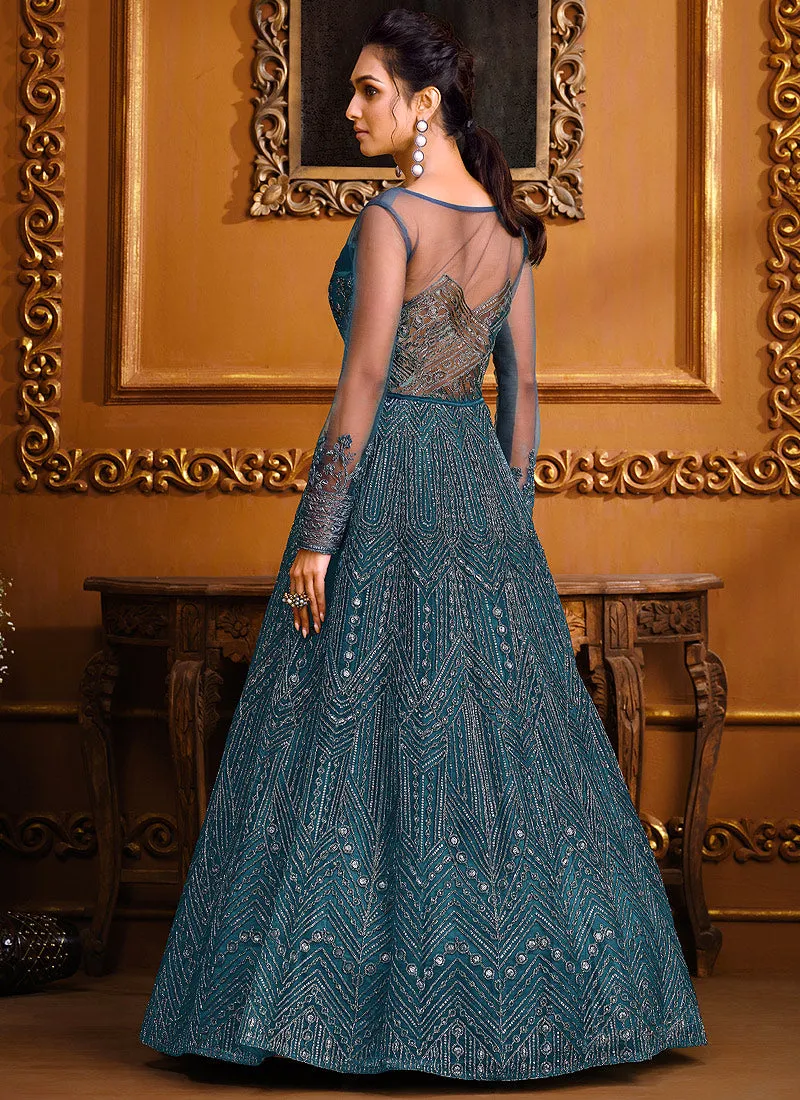 Turquoise Blue Zari Embroidered Slit Style Anarkali Pant Suit