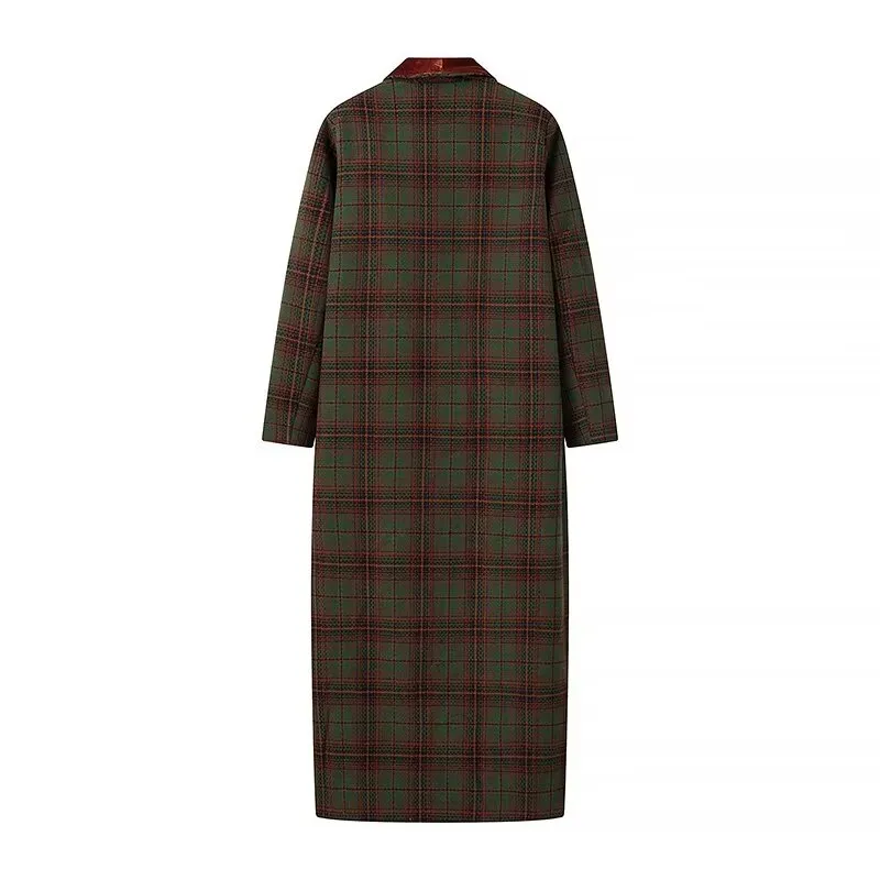 Velvet Trim Full Length Plaid Coat