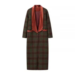 Velvet Trim Full Length Plaid Coat